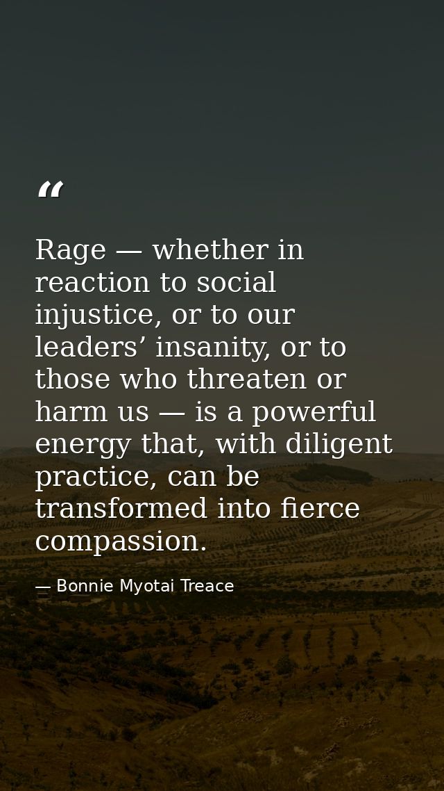 Rage — whether in reaction to social injustice, or to our leaders’ insanity, or to those who threaten or harm us — is a  — Bonnie Myotai Treace