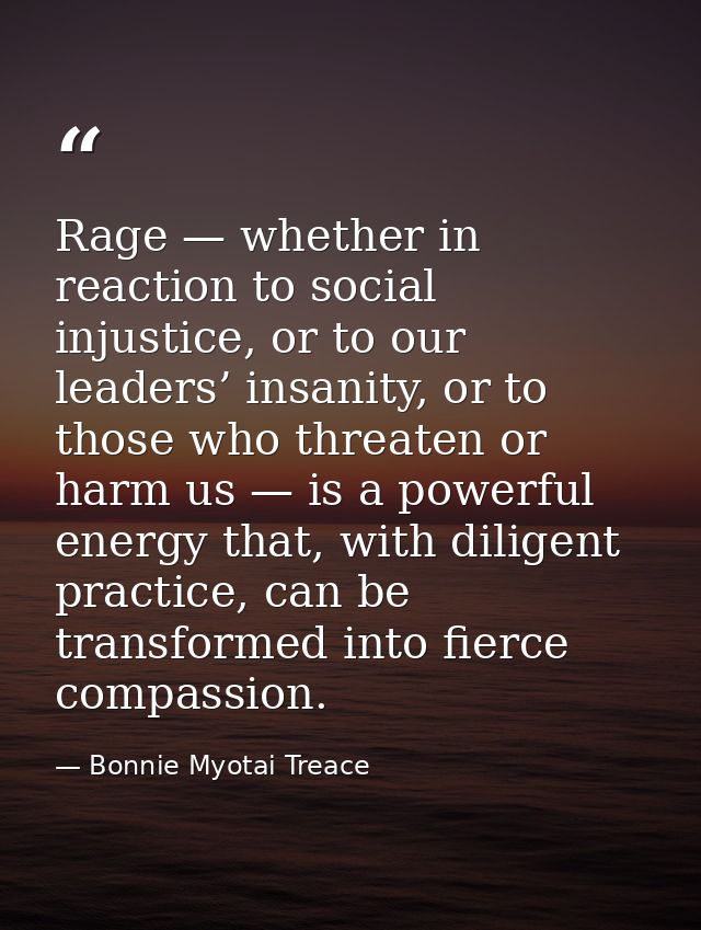 Rage — whether in reaction to social injustice, or to our leaders’ insanity, or to those who threaten or harm us — is a  — Bonnie Myotai Treace