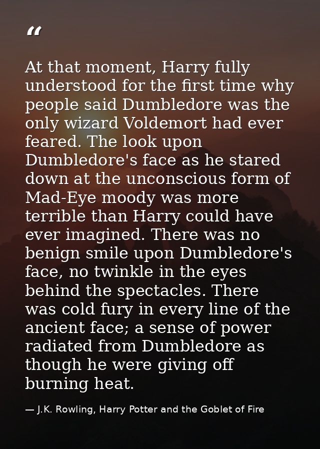 At that moment, Harry fully understood for the first time why people said Dumbledore was the only wizard Voldemort had e — J.K. Rowling, Harry Potter and the Goblet of Fire