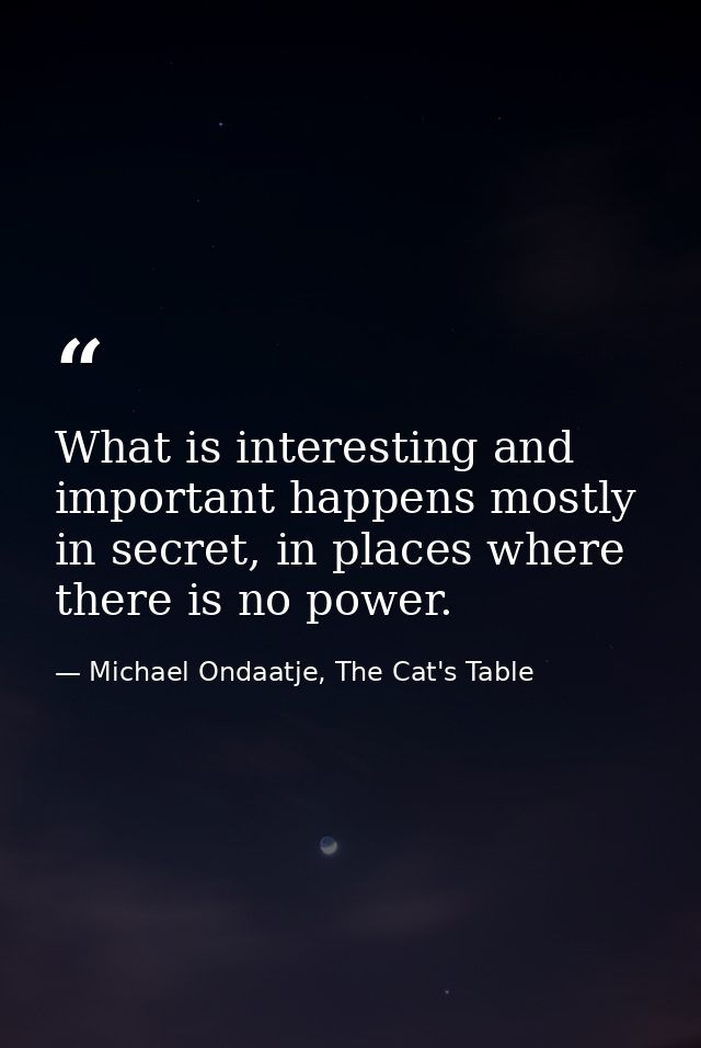 What is interesting and important happens mostly in secret, in places where there is no power. — Michael Ondaatje, The Cat's Table