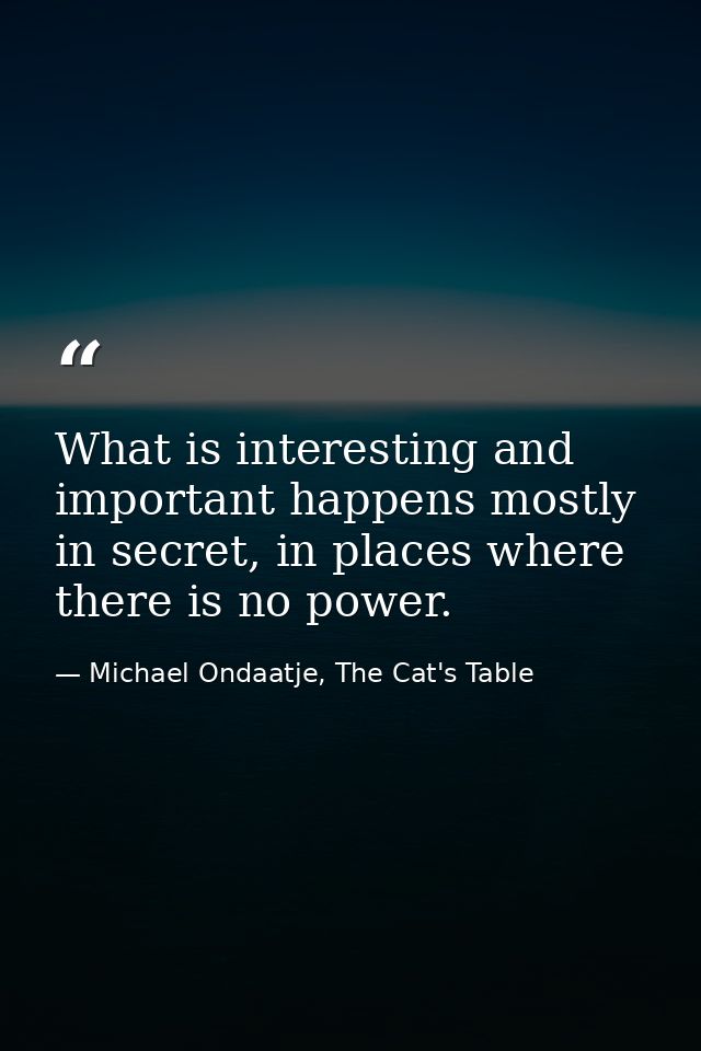 What is interesting and important happens mostly in secret, in places where there is no power. — Michael Ondaatje, The Cat's Table