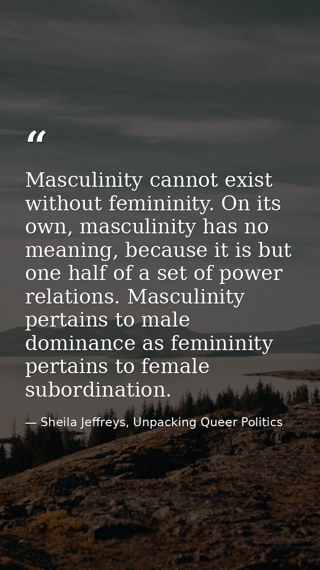 Masculinity cannot exist without femininity. On its own, masculinity has no meaning, because it is but one half of a set — Sheila Jeffreys, Unpacking Queer Politics
