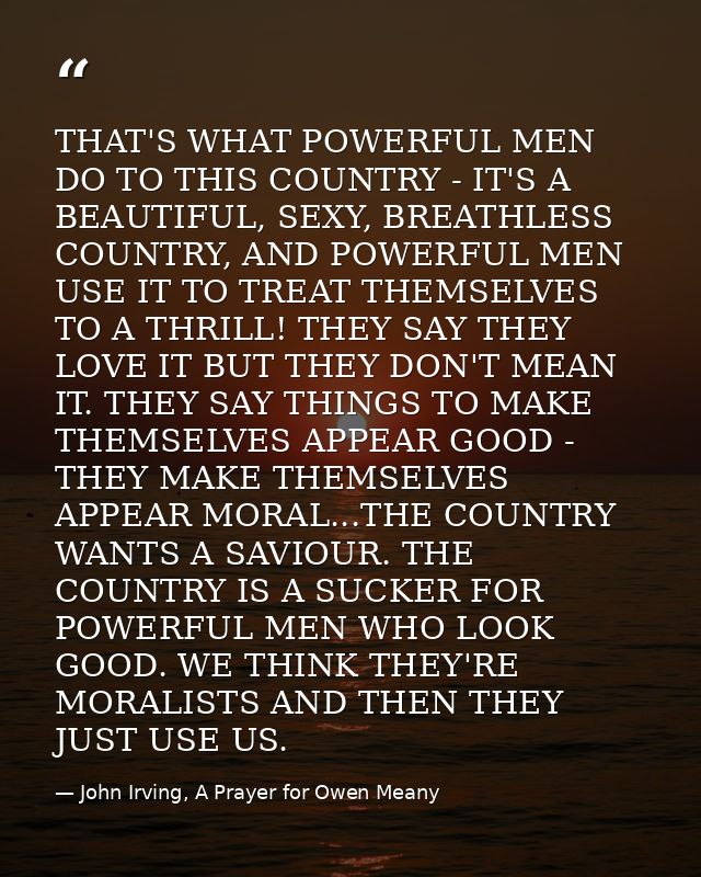 THAT'S WHAT POWERFUL MEN DO TO THIS COUNTRY - IT'S A BEAUTIFUL, SEXY, BREATHLESS COUNTRY, AND POWERFUL MEN USE IT TO TRE — John Irving, A Prayer for Owen Meany