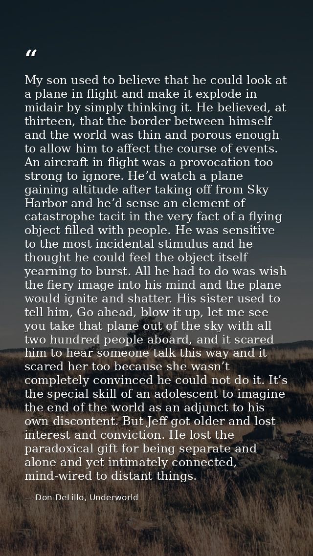 My son used to believe that he could look at a plane in flight and make it explode in midair by simply thinking it. He b — Don DeLillo, Underworld