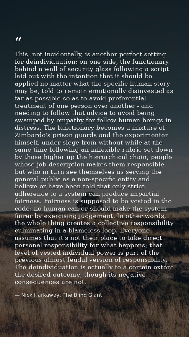 This, not incidentally, is another perfect setting for deindividuation: on one side, the functionary behind a wall of se — Nick Harkaway, The Blind Giant