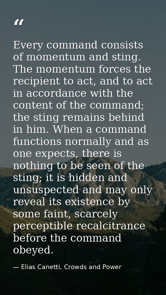Every command consists of momentum and sting. The momentum forces the recipient to act, and to act in accordance with th — Elias Canetti, Crowds and Power