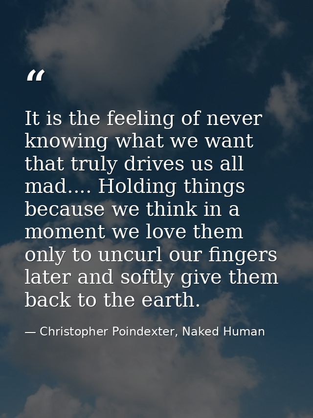 It is the feeling of never knowing what we want that truly drives us all mad.... Holding things because we think in a mo — Christopher Poindexter, Naked Human
