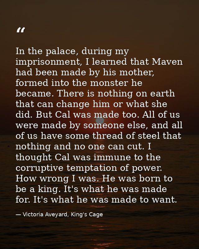 In the palace, during my imprisonment, I learned that Maven had been made by his mother, formed into the monster he beca — Victoria Aveyard, King's Cage