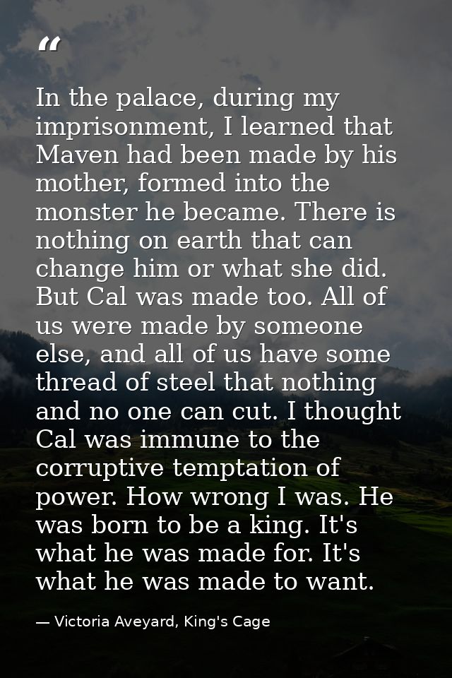 In the palace, during my imprisonment, I learned that Maven had been made by his mother, formed into the monster he beca — Victoria Aveyard, King's Cage