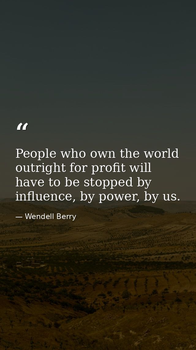 People who own the world outright for profit will have to be stopped by influence, by power, by us. — Wendell Berry