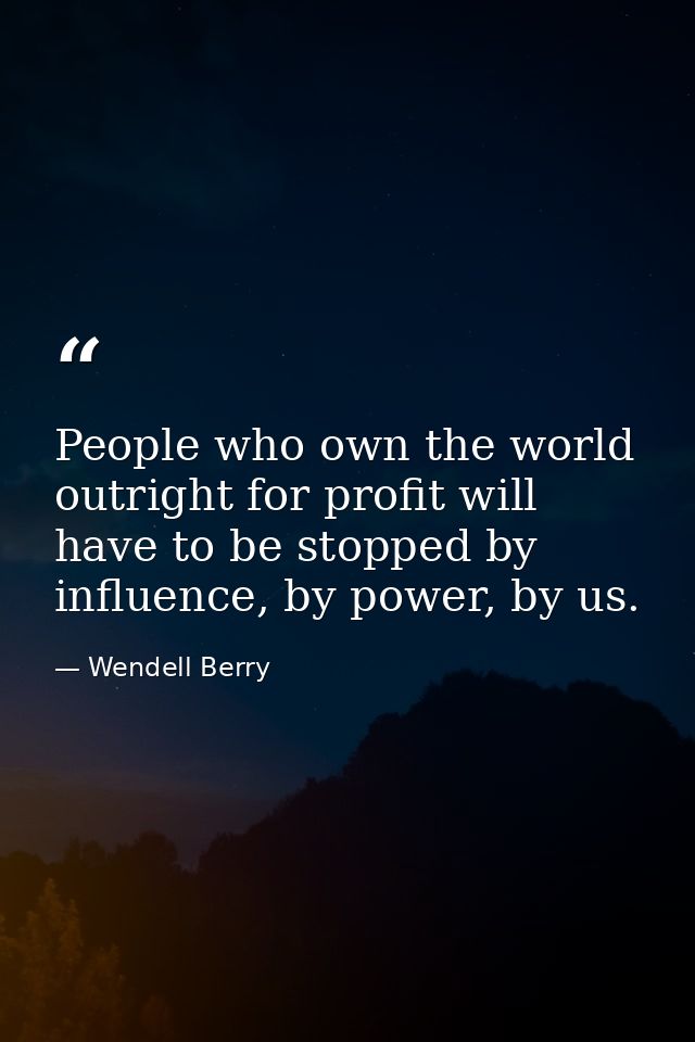 People who own the world outright for profit will have to be stopped by influence, by power, by us. — Wendell Berry