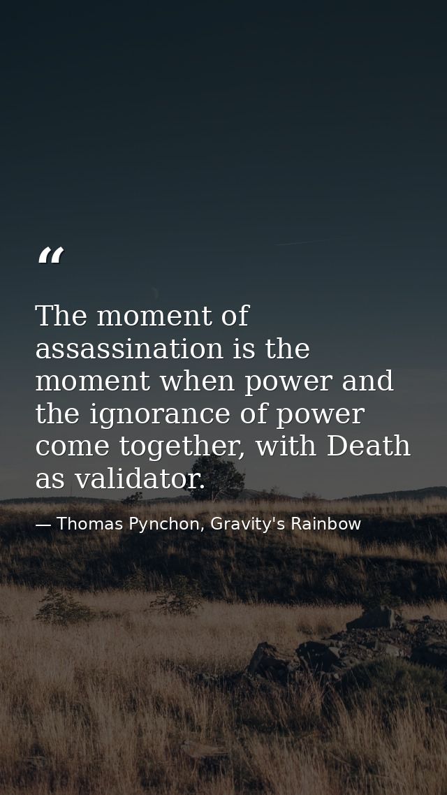 The moment of assassination is the moment when power and the ignorance of power come together, with Death as validator. — Thomas Pynchon, Gravity's Rainbow
