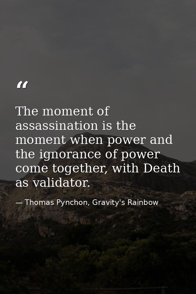 The moment of assassination is the moment when power and the ignorance of power come together, with Death as validator. — Thomas Pynchon, Gravity's Rainbow