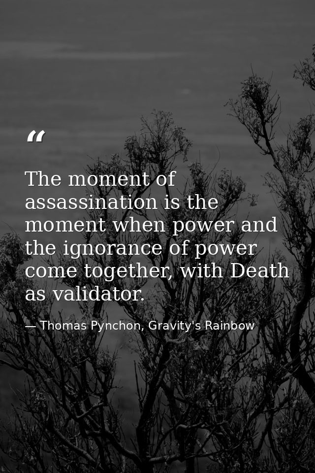 The moment of assassination is the moment when power and the ignorance of power come together, with Death as validator. — Thomas Pynchon, Gravity's Rainbow