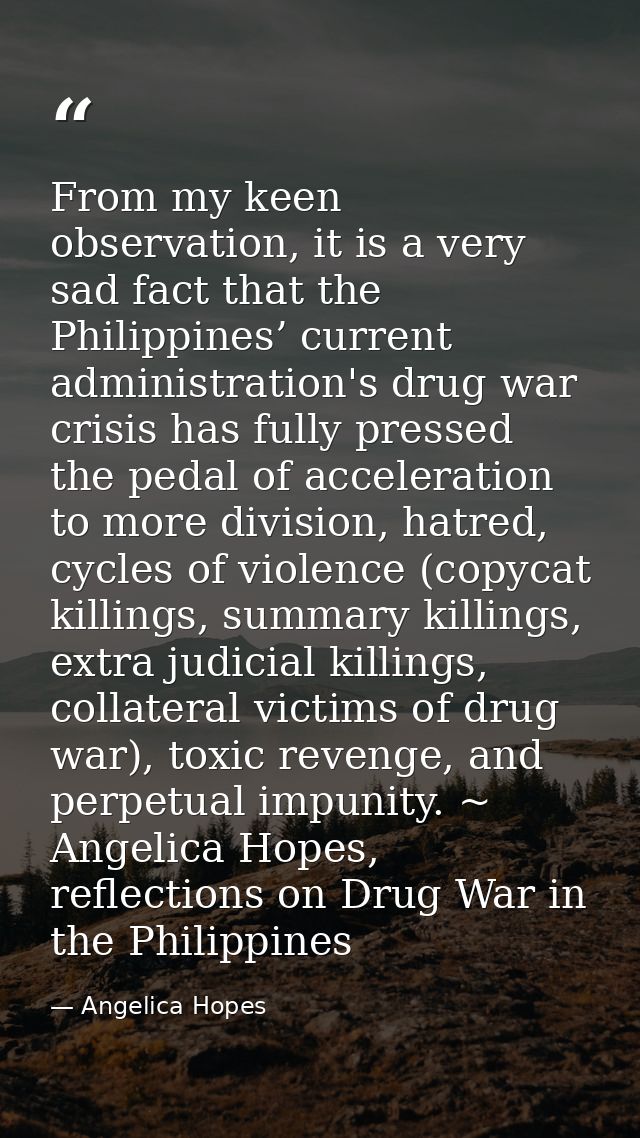 From my keen observation, it is a very sad fact that the Philippines’ current administration's drug war crisis has fully — Angelica Hopes