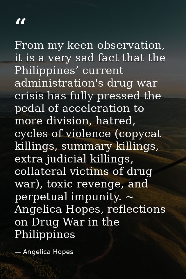 From my keen observation, it is a very sad fact that the Philippines’ current administration's drug war crisis has fully — Angelica Hopes