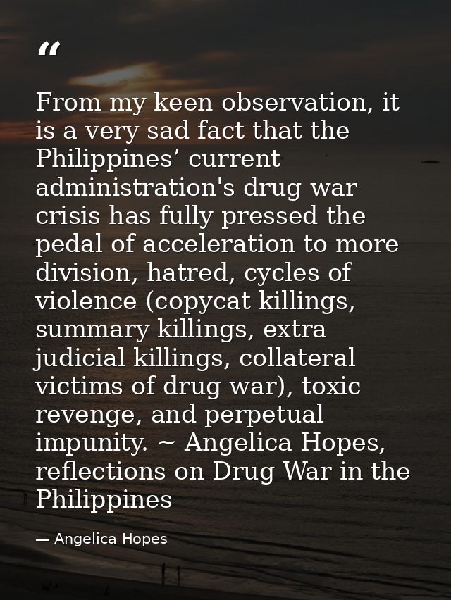 From my keen observation, it is a very sad fact that the Philippines’ current administration's drug war crisis has fully — Angelica Hopes