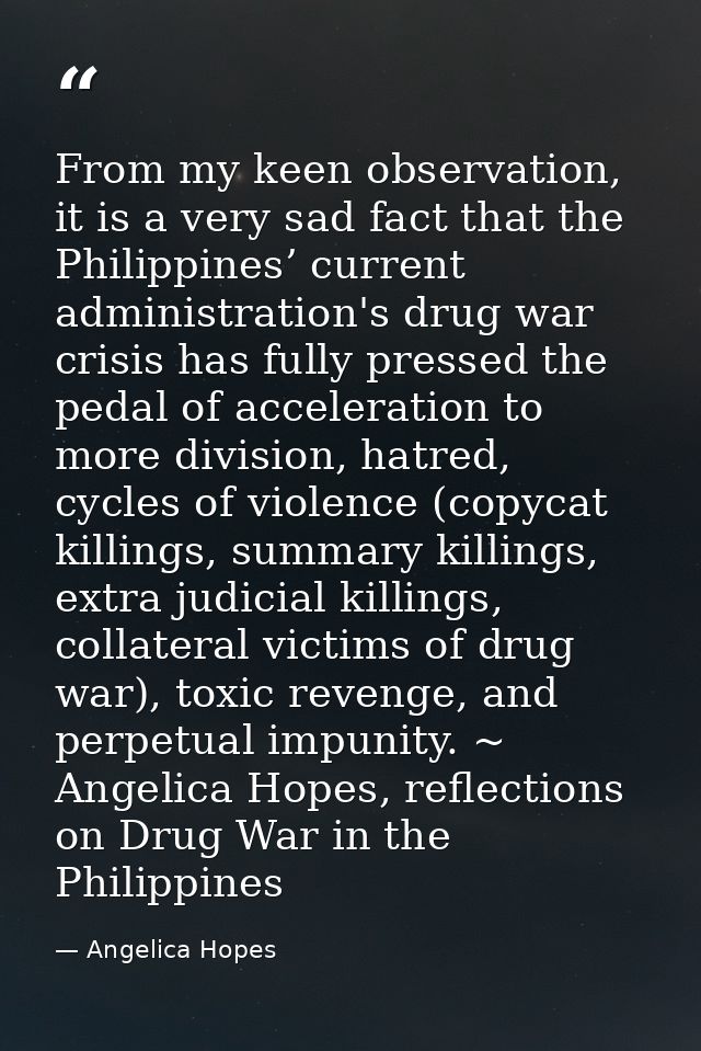 From my keen observation, it is a very sad fact that the Philippines’ current administration's drug war crisis has fully — Angelica Hopes