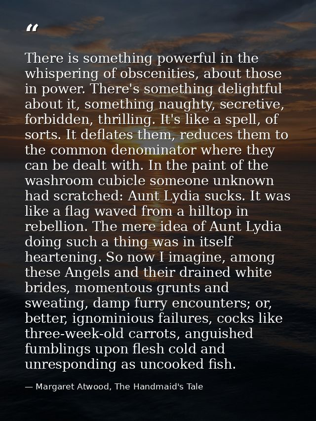 There is something powerful in the whispering of obscenities, about those in power. There's something delightful about i — Margaret Atwood, The Handmaid's Tale