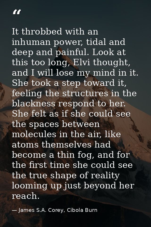 It throbbed with an inhuman power, tidal and deep and painful. Look at this too long, Elvi thought, and I will lose my m — James S.A. Corey, Cibola Burn