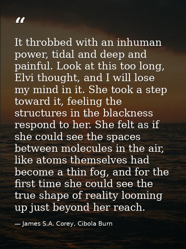 It throbbed with an inhuman power, tidal and deep and painful. Look at this too long, Elvi thought, and I will lose my m — James S.A. Corey, Cibola Burn