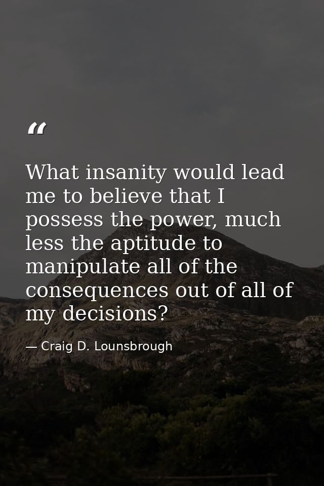 What insanity would lead me to believe that I possess the power, much less the aptitude to manipulate all of the consequ — Craig D. Lounsbrough