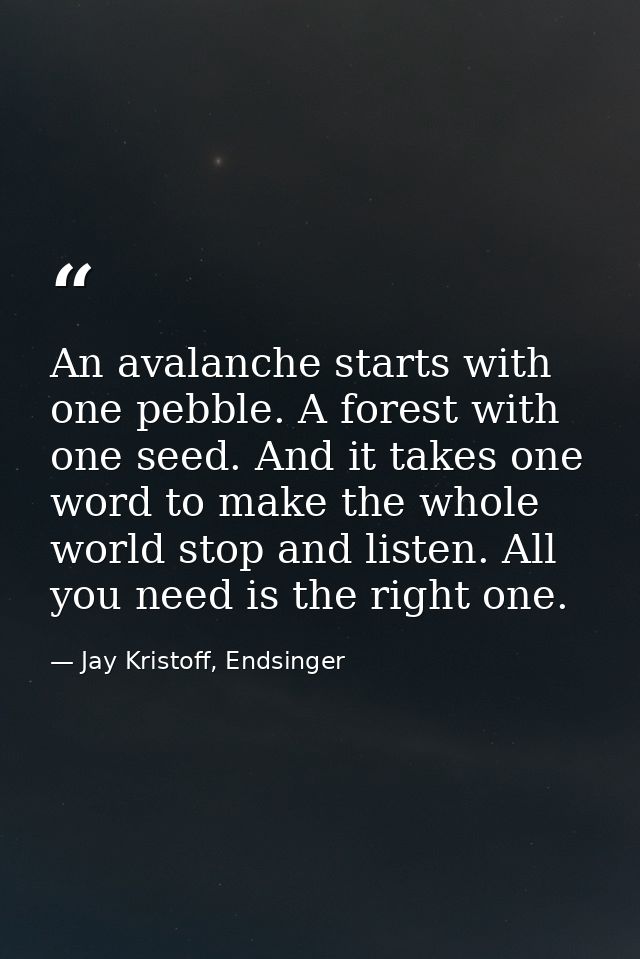 An avalanche starts with one pebble. A forest with one seed. And it takes one word to make the whole world stop and list — Jay Kristoff, Endsinger