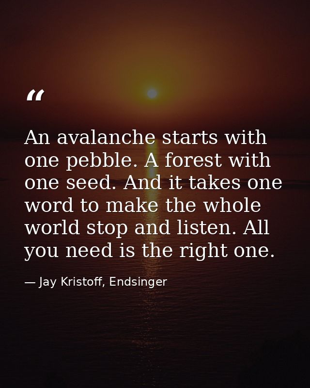 An avalanche starts with one pebble. A forest with one seed. And it takes one word to make the whole world stop and list — Jay Kristoff, Endsinger