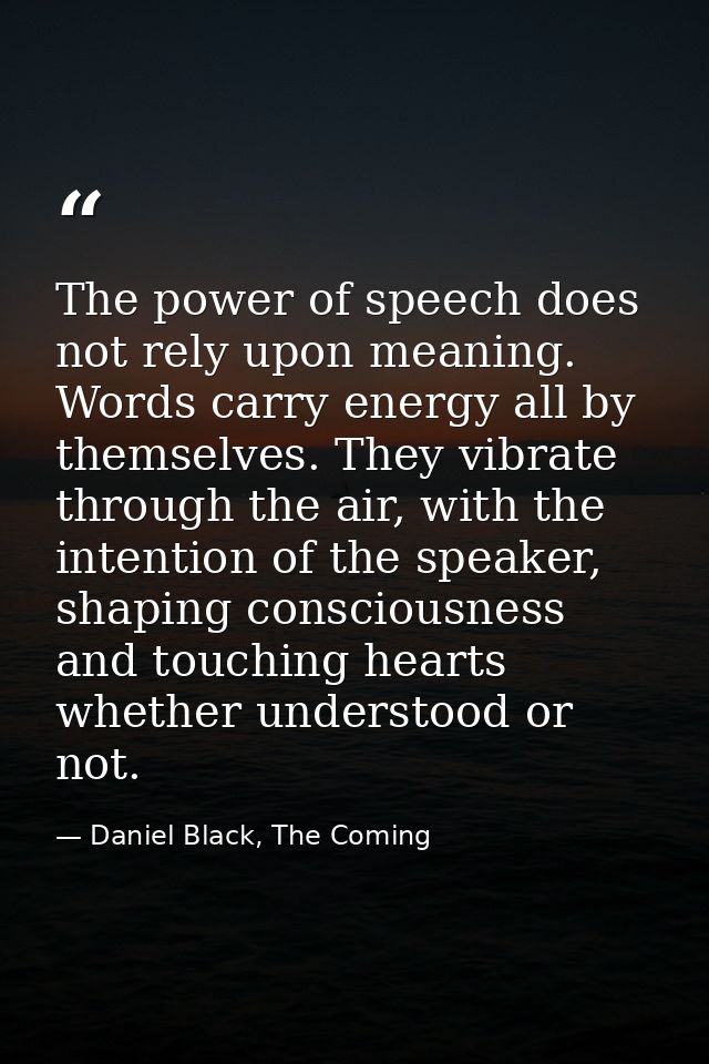 The power of speech does not rely upon meaning. Words carry energy all by themselves. They vibrate through the air, with — Daniel Black, The Coming