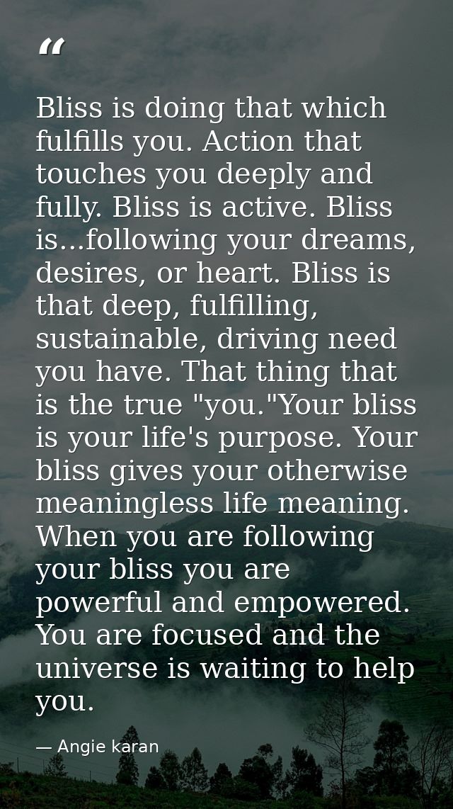 Bliss is doing that which fulfills you. Action that touches you deeply and fully. Bliss is active. Bliss is...following  — Angie karan