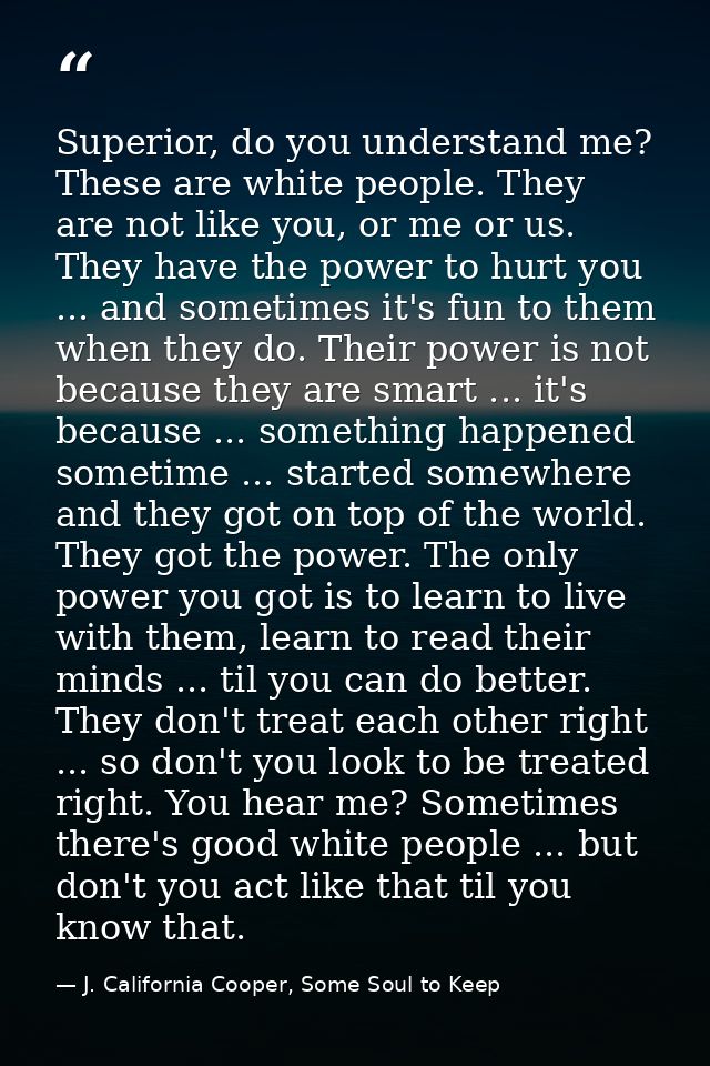 Superior, do you understand me? These are white people. They are not like you, or me or us. They have the power to hurt  — J. California Cooper, Some Soul to Keep