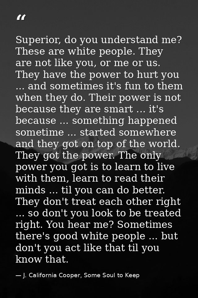 Superior, do you understand me? These are white people. They are not like you, or me or us. They have the power to hurt  — J. California Cooper, Some Soul to Keep