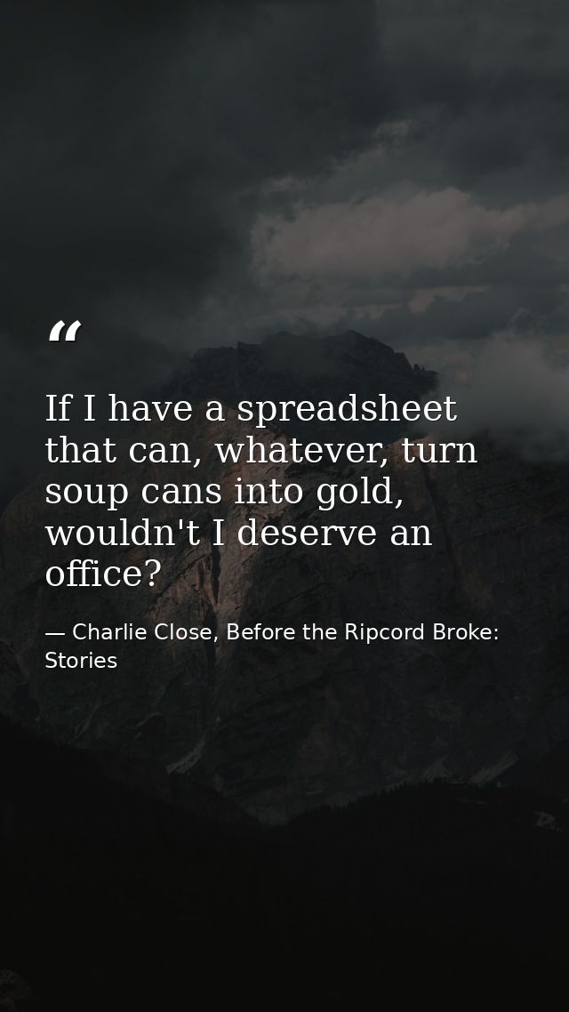 If I have a spreadsheet that can, whatever, turn soup cans into gold, wouldn't I deserve an office? — Charlie Close, Before the Ripcord Broke: Stories