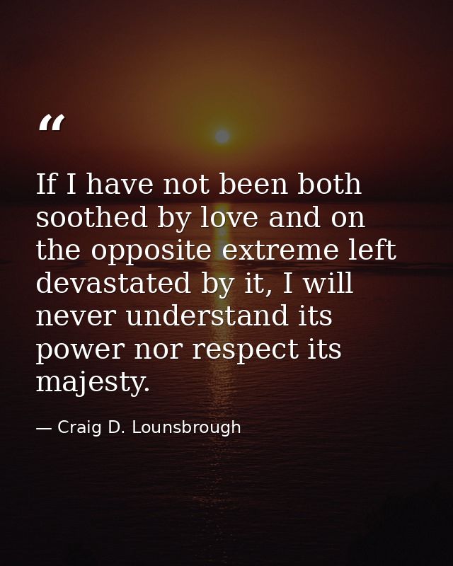 If I have not been both soothed by love and on the opposite extreme left devastated by it, I will never understand its p — Craig D. Lounsbrough