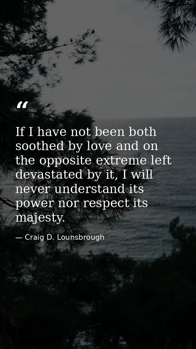 If I have not been both soothed by love and on the opposite extreme left devastated by it, I will never understand its p — Craig D. Lounsbrough