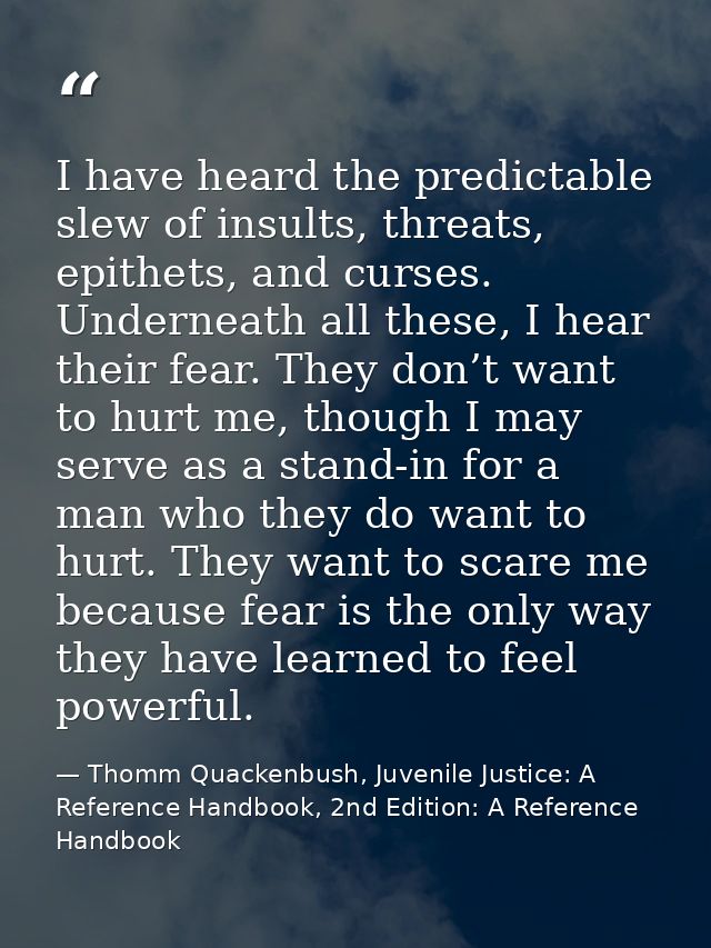 I have heard the predictable slew of insults, threats, epithets, and curses. Underneath all these, I hear their fear. Th — Thomm Quackenbush, Juvenile Justice: A Reference Handbook, 2nd Edition: A Reference Handbook