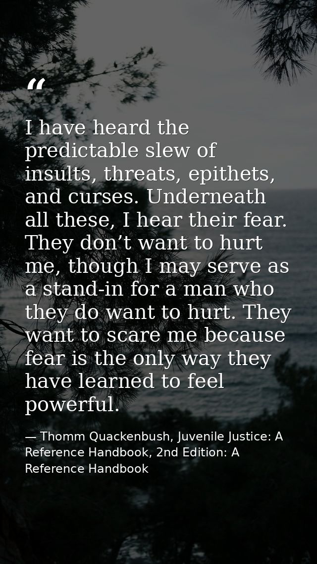 I have heard the predictable slew of insults, threats, epithets, and curses. Underneath all these, I hear their fear. Th — Thomm Quackenbush, Juvenile Justice: A Reference Handbook, 2nd Edition: A Reference Handbook