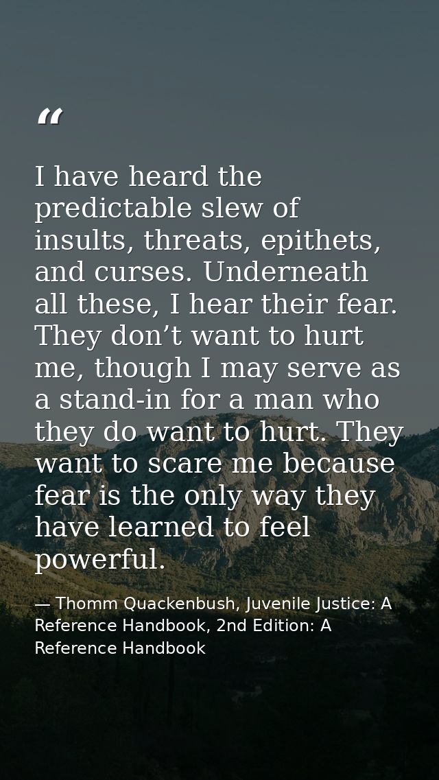 I have heard the predictable slew of insults, threats, epithets, and curses. Underneath all these, I hear their fear. Th — Thomm Quackenbush, Juvenile Justice: A Reference Handbook, 2nd Edition: A Reference Handbook