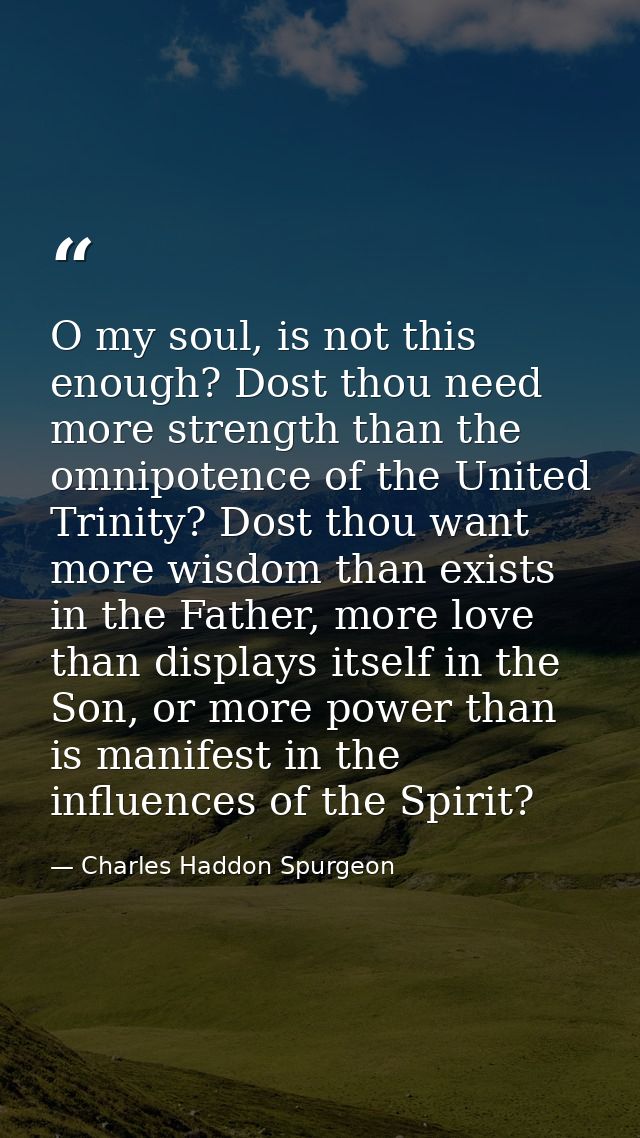 O my soul, is not this enough? Dost thou need more strength than the omnipotence of the United Trinity? Dost thou want m — Charles Haddon Spurgeon