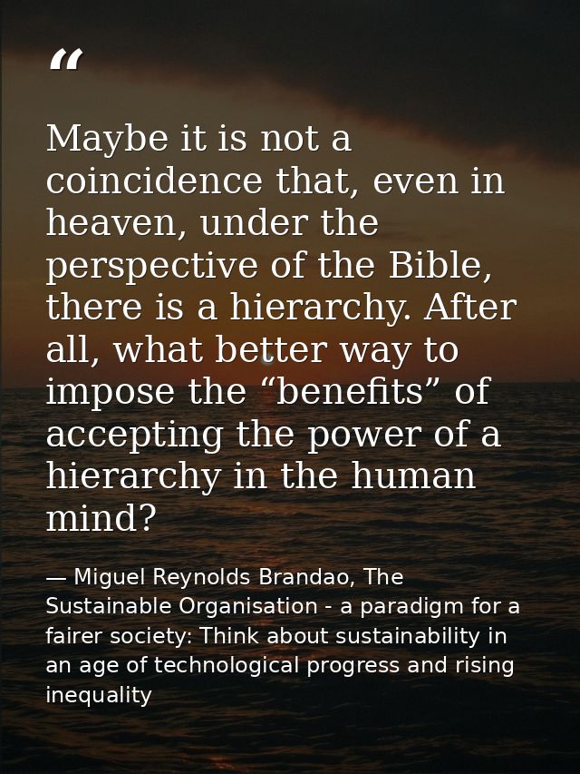 Maybe it is not a coincidence that, even in heaven, under the perspective of the Bible, there is a hierarchy. After all, — Miguel Reynolds Brandao, The Sustainable Organisation - a paradigm for a fairer society: Think about sustainability in an age of technological progress and rising inequality