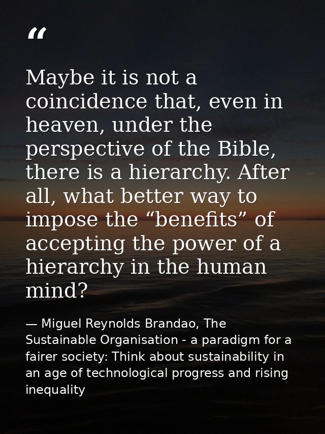 Maybe it is not a coincidence that, even in heaven, under the perspective of the Bible, there is a hierarchy. After all, — Miguel Reynolds Brandao, The Sustainable Organisation - a paradigm for a fairer society: Think about sustainability in an age of technological progress and rising inequality