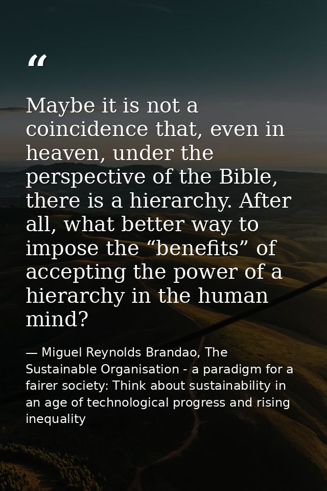 Maybe it is not a coincidence that, even in heaven, under the perspective of the Bible, there is a hierarchy. After all, — Miguel Reynolds Brandao, The Sustainable Organisation - a paradigm for a fairer society: Think about sustainability in an age of technological progress and rising inequality