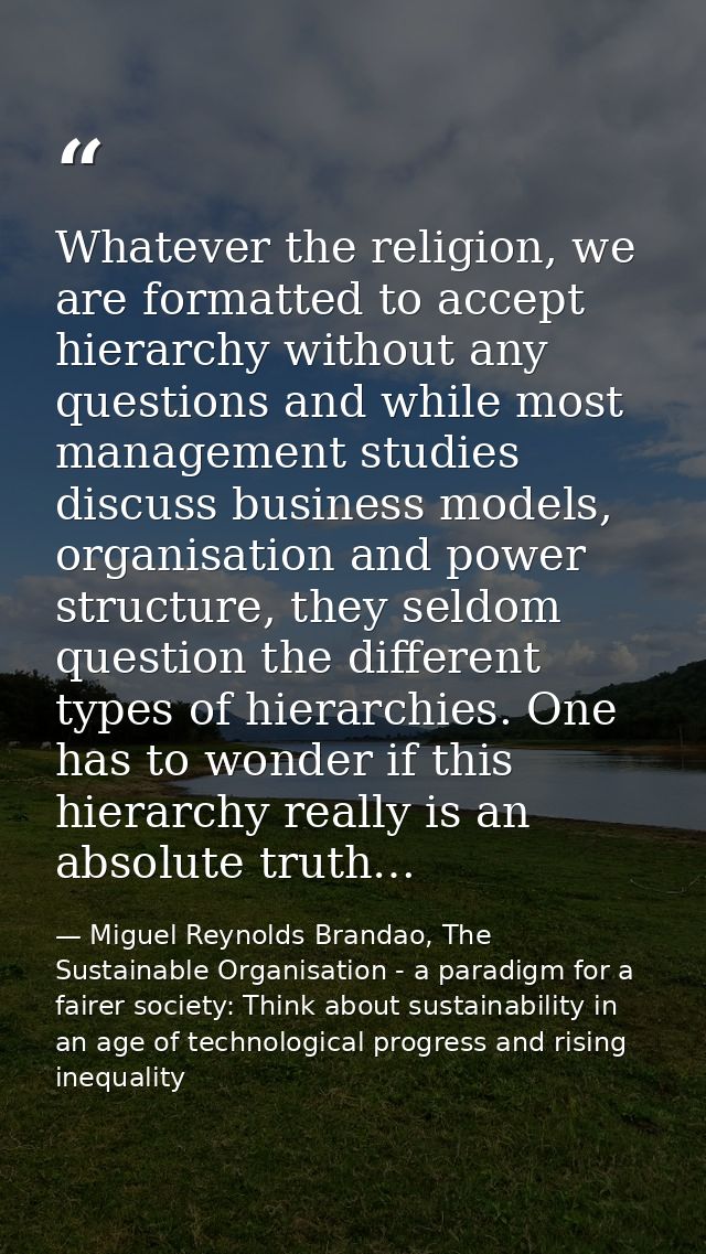Whatever the religion, we are formatted to accept hierarchy without any questions and while most management studies disc — Miguel Reynolds Brandao, The Sustainable Organisation - a paradigm for a fairer society: Think about sustainability in an age of technological progress and rising inequality