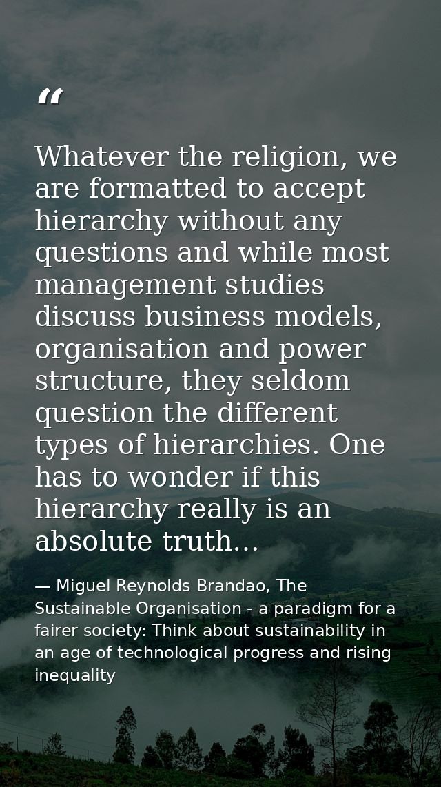 Whatever the religion, we are formatted to accept hierarchy without any questions and while most management studies disc — Miguel Reynolds Brandao, The Sustainable Organisation - a paradigm for a fairer society: Think about sustainability in an age of technological progress and rising inequality
