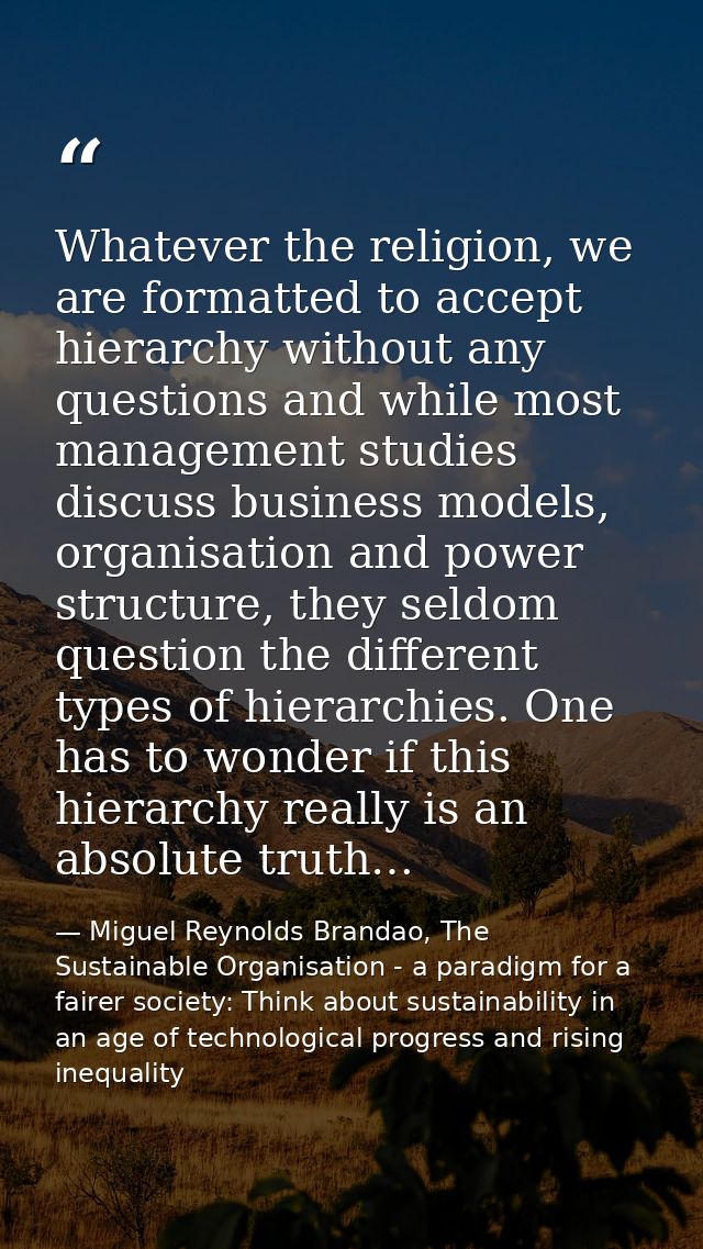 Whatever the religion, we are formatted to accept hierarchy without any questions and while most management studies disc — Miguel Reynolds Brandao, The Sustainable Organisation - a paradigm for a fairer society: Think about sustainability in an age of technological progress and rising inequality