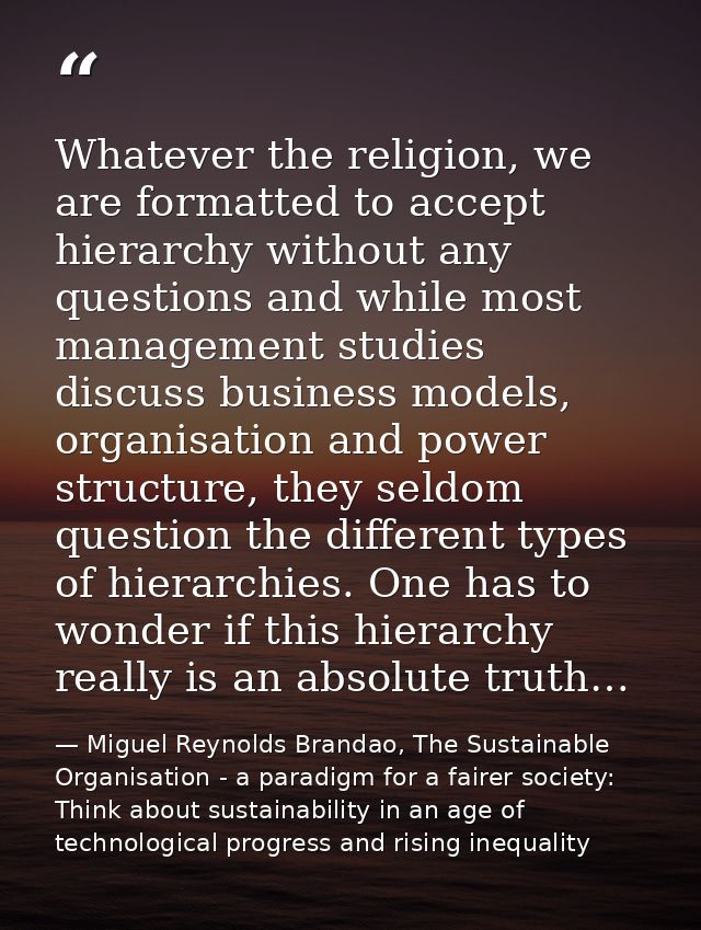 Whatever the religion, we are formatted to accept hierarchy without any questions and while most management studies disc — Miguel Reynolds Brandao, The Sustainable Organisation - a paradigm for a fairer society: Think about sustainability in an age of technological progress and rising inequality