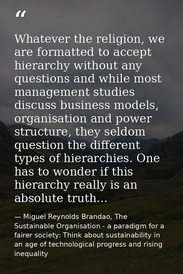 Whatever the religion, we are formatted to accept hierarchy without any questions and while most management studies disc — Miguel Reynolds Brandao, The Sustainable Organisation - a paradigm for a fairer society: Think about sustainability in an age of technological progress and rising inequality