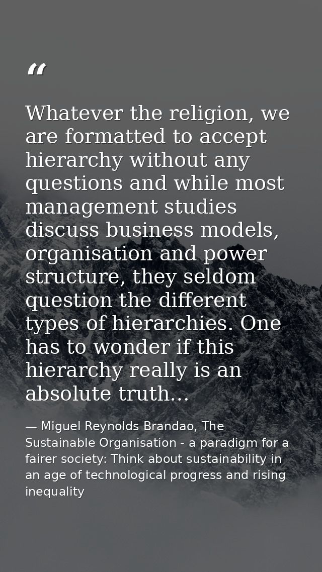 Whatever the religion, we are formatted to accept hierarchy without any questions and while most management studies disc — Miguel Reynolds Brandao, The Sustainable Organisation - a paradigm for a fairer society: Think about sustainability in an age of technological progress and rising inequality