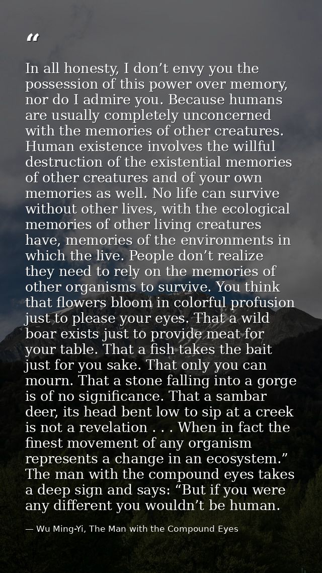 In all honesty, I don’t envy you the possession of this power over memory, nor do I admire you. Because humans are usual — Wu Ming-Yi, The Man with the Compound Eyes