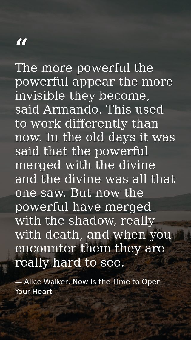 The more powerful the powerful appear the more invisible they become, said Armando. This used to work differently than n — Alice Walker, Now Is the Time to Open Your Heart